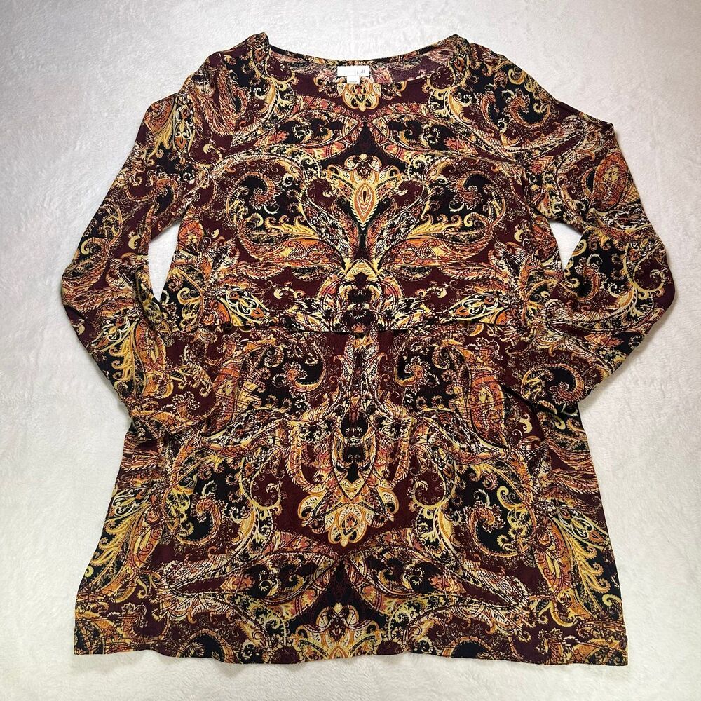 J. Jill Women's Medium Paisley Print Long Sleeve Rayon Blouse Burgundy Gold Boho